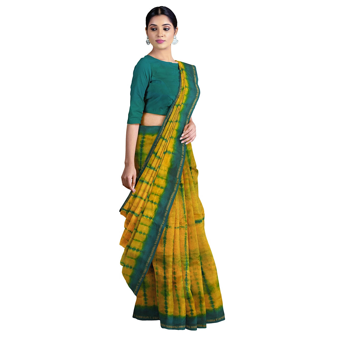 Tie and Dye Chanderi Silk cotton Saree in Yellow and Green