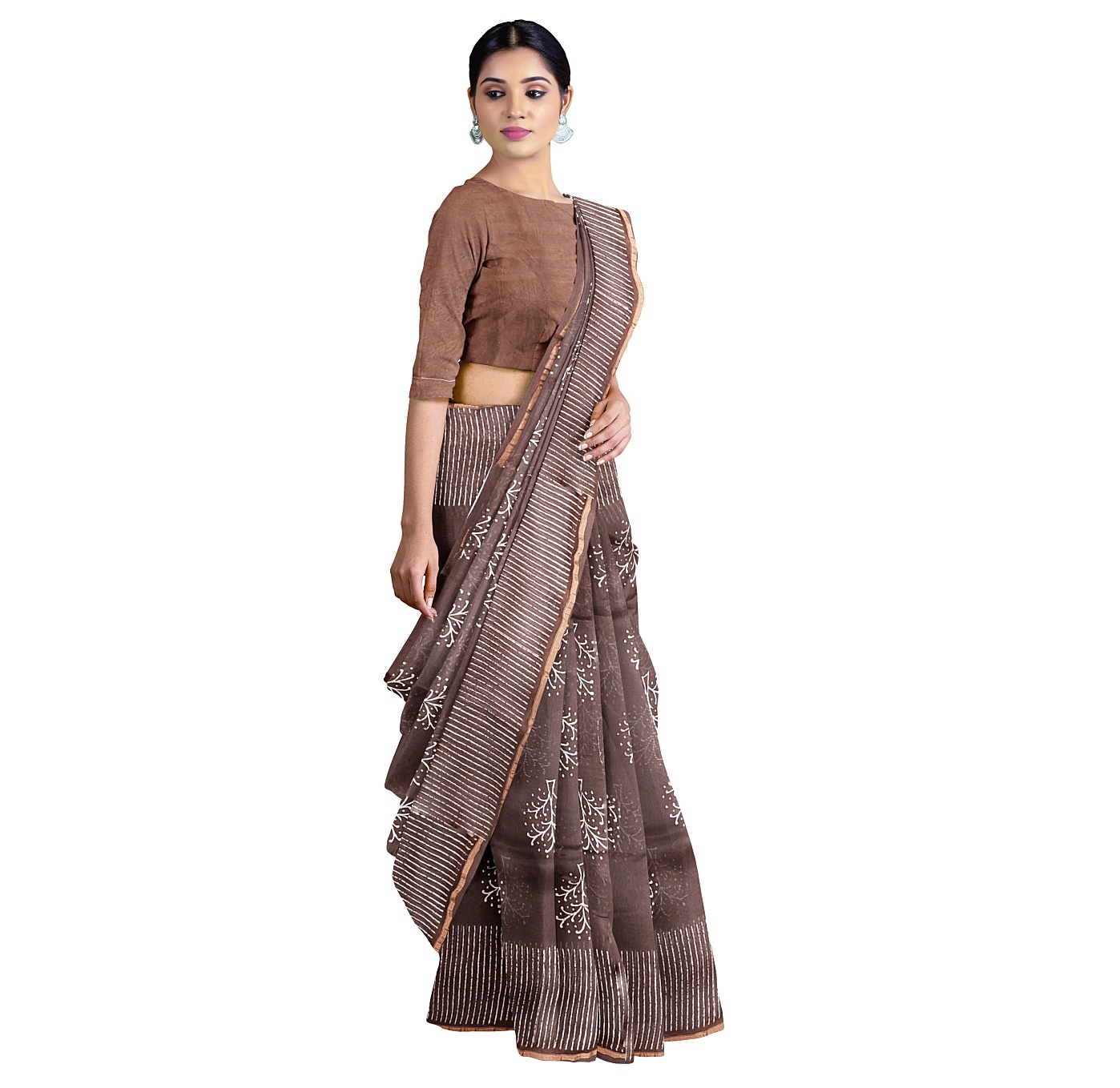 Block print Chanderi silk  Saree  Chocolate Brown – Sold