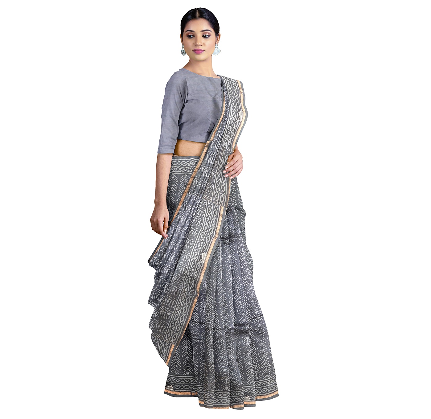 Bagru Block print Chanderi silk cotton Saree with Steel Grey