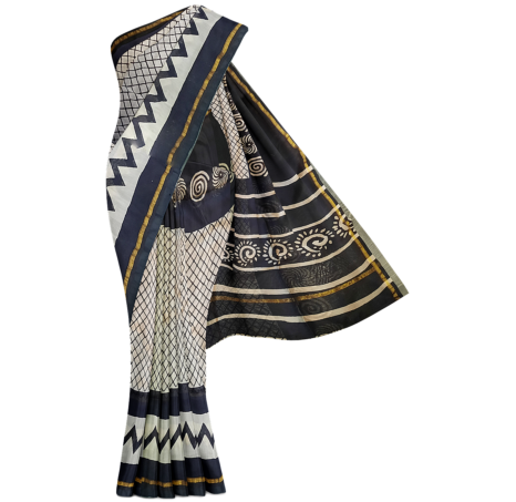 Chanderi Silk Cotton Saree With Bagru Block Print 6