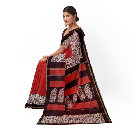 Chanderi Silk Cotton Saree With Bagru Block Print